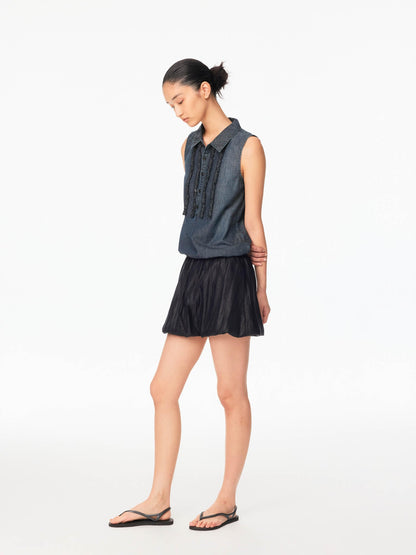 Northbutsouth Textured Puffed Pressed Pleat Drawstring Elastic Waist Women&