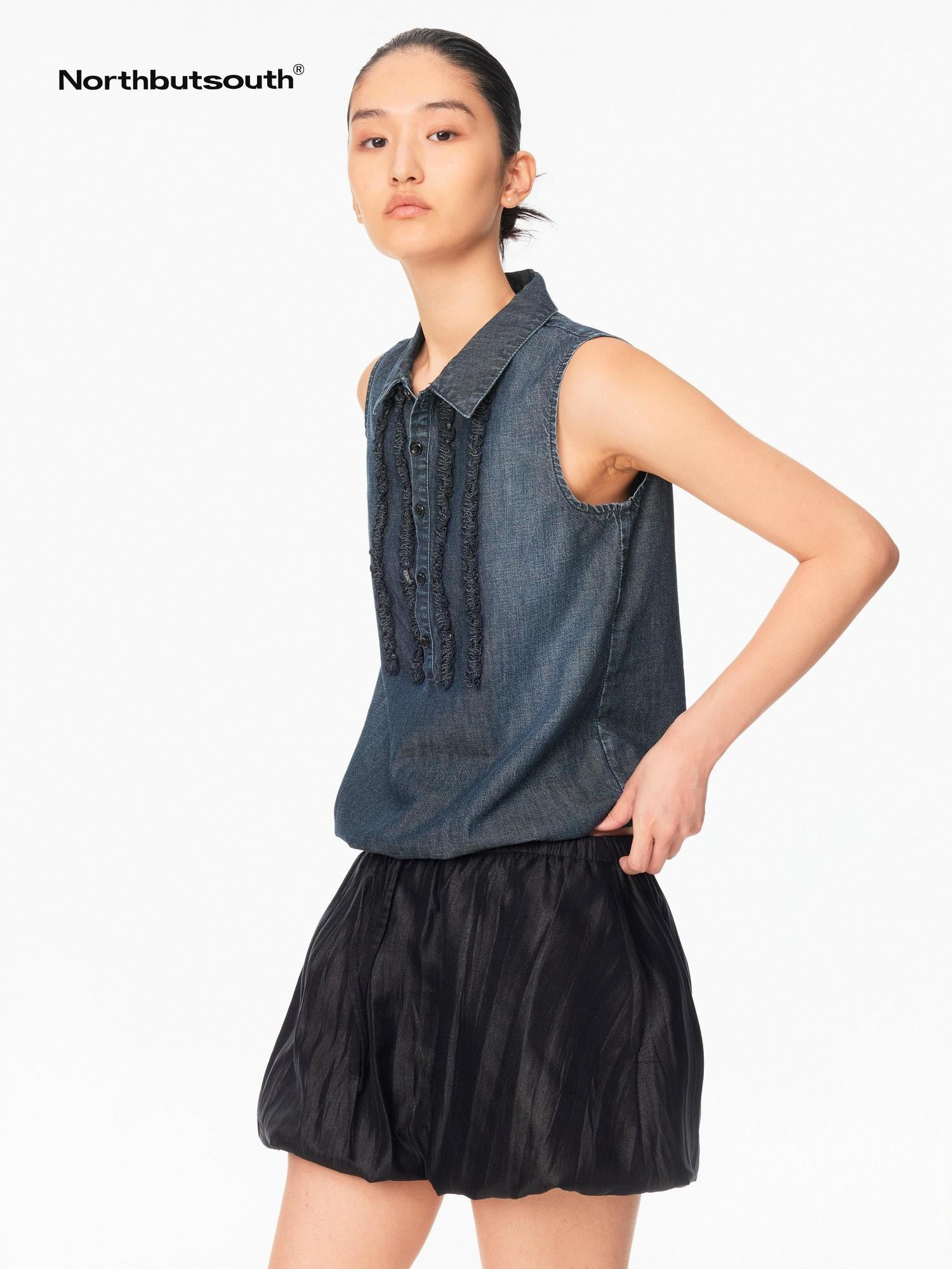 Northbutsouth Textured Puffed Pressed Pleat Drawstring Elastic Waist Women&