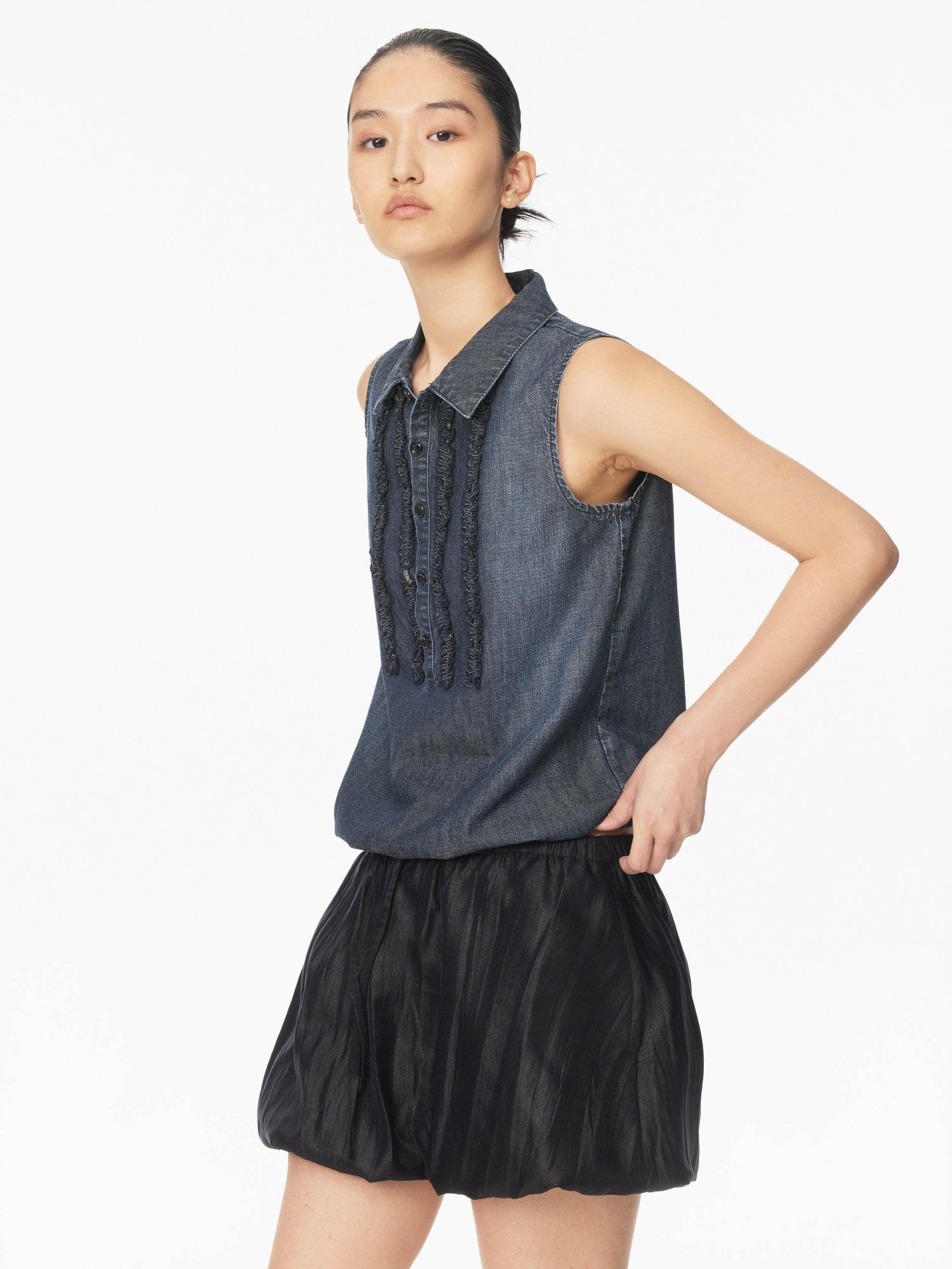 Northbutsouth Textured Puffed Pressed Pleat Drawstring Elastic Waist Women&