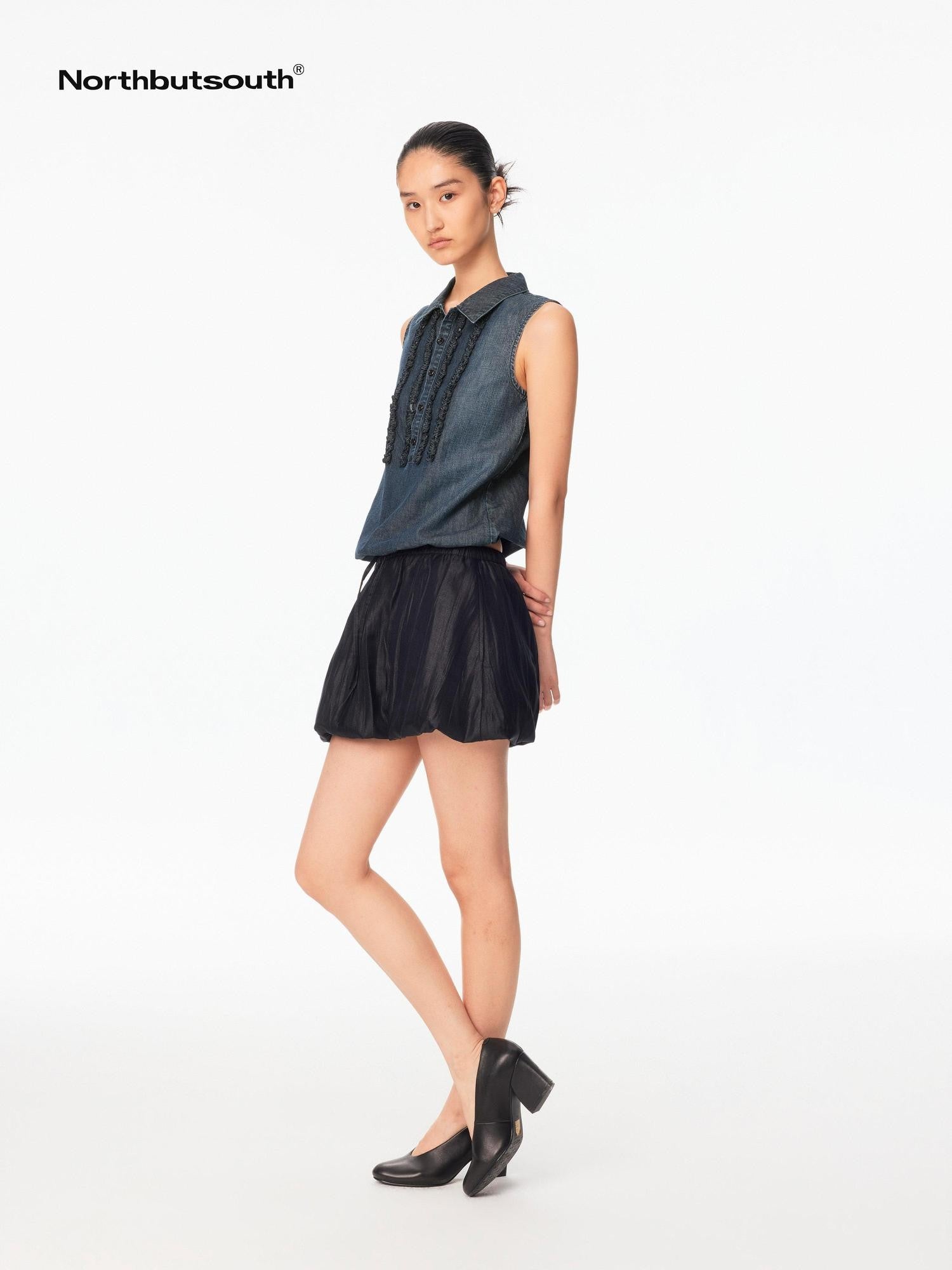Northbutsouth Textured Puffed Pressed Pleat Drawstring Elastic Waist Women&