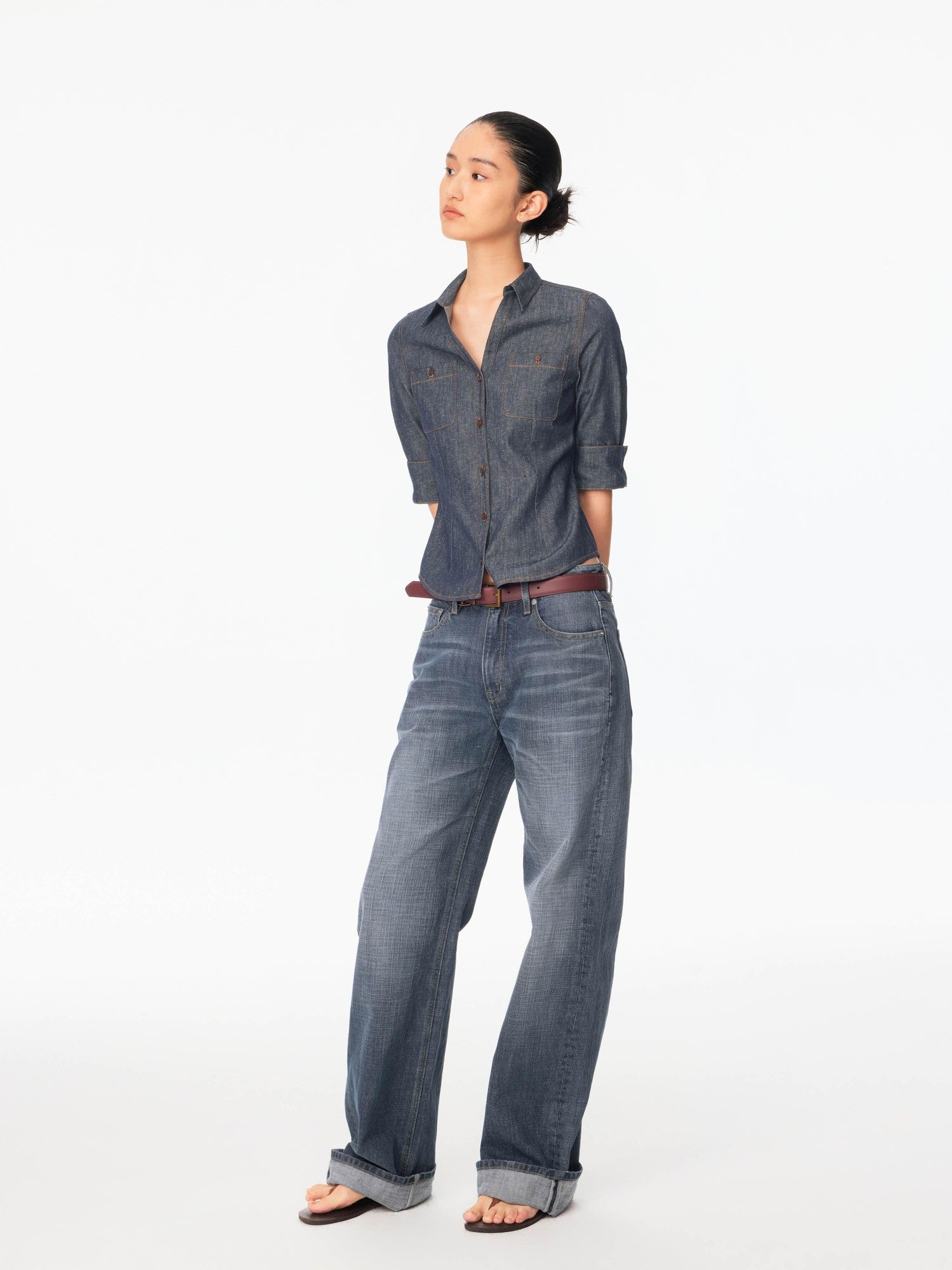 Northbutsouth Textured V-neck Waist Cinched Folded Mid Sleeve Women&