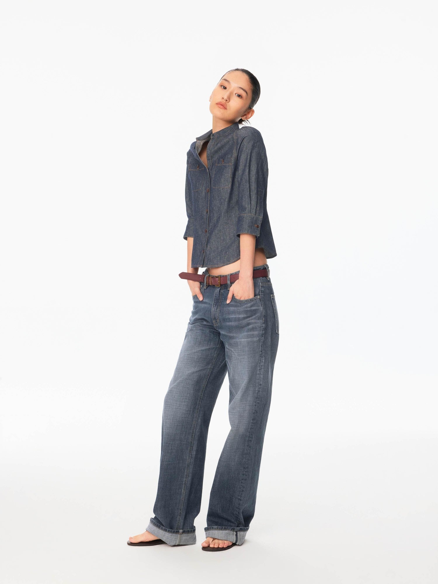 Northbutsouth Textured V-neck Waist Cinched Folded Mid Sleeve Women&