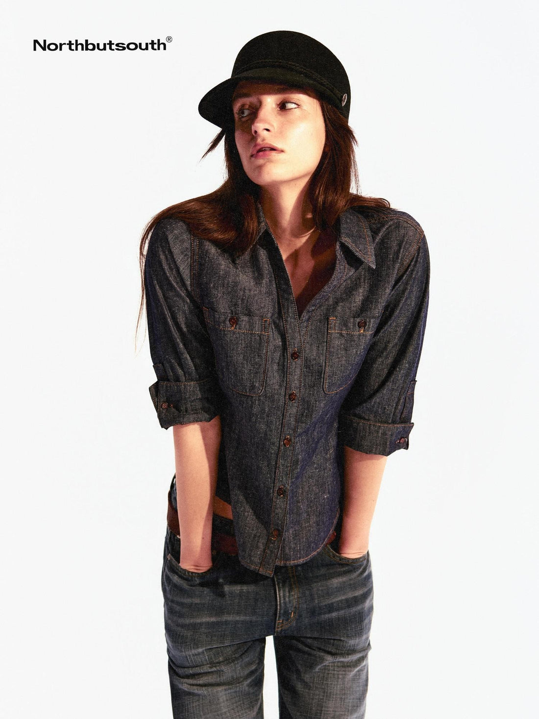 Northbutsouth Textured V-neck Waist Cinched Folded Mid Sleeve Women&