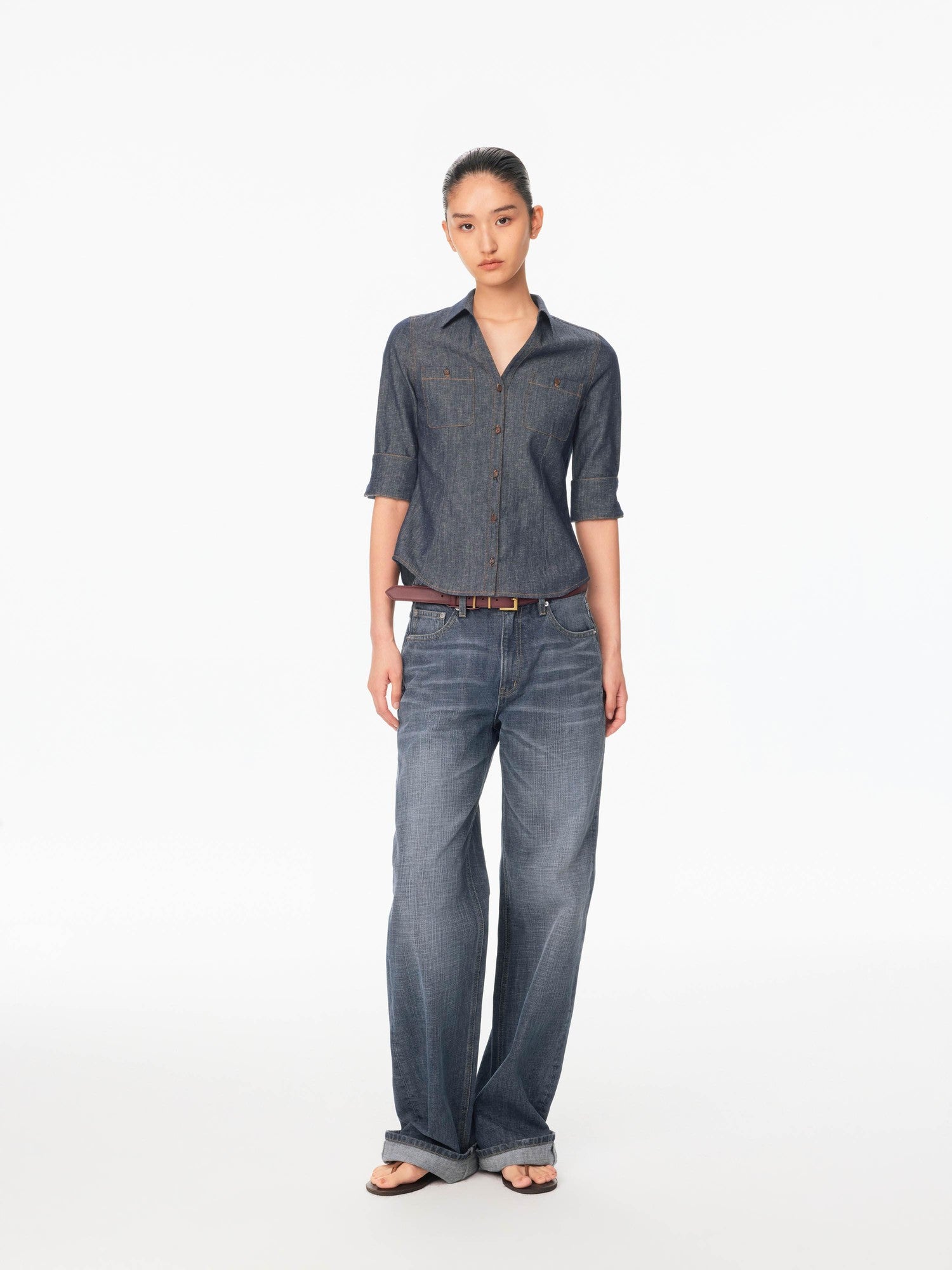 Northbutsouth Textured V-neck Waist Cinched Folded Mid Sleeve Women&