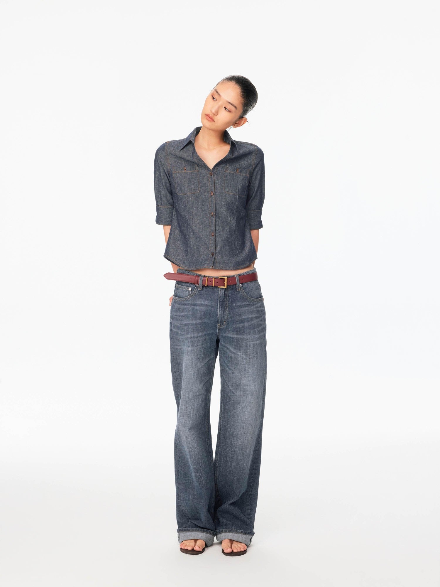 Northbutsouth Textured V-neck Waist Cinched Folded Mid Sleeve Women&