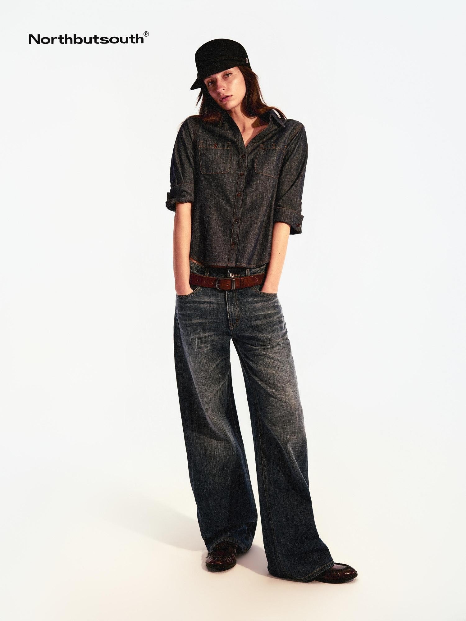 Northbutsouth Textured V-neck Waist Cinched Folded Mid Sleeve Women&