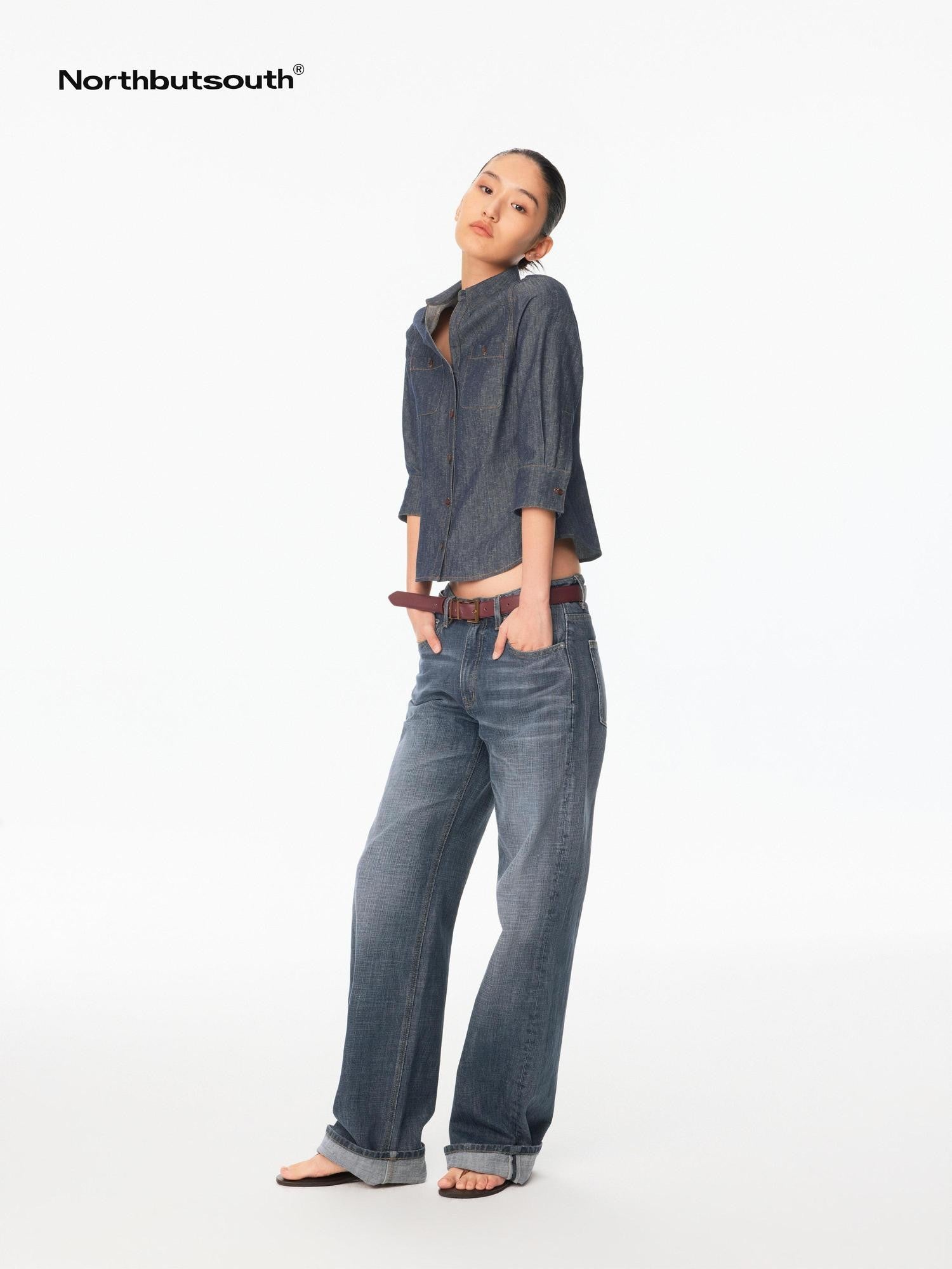 Northbutsouth Textured V-neck Waist Cinched Folded Mid Sleeve Women&