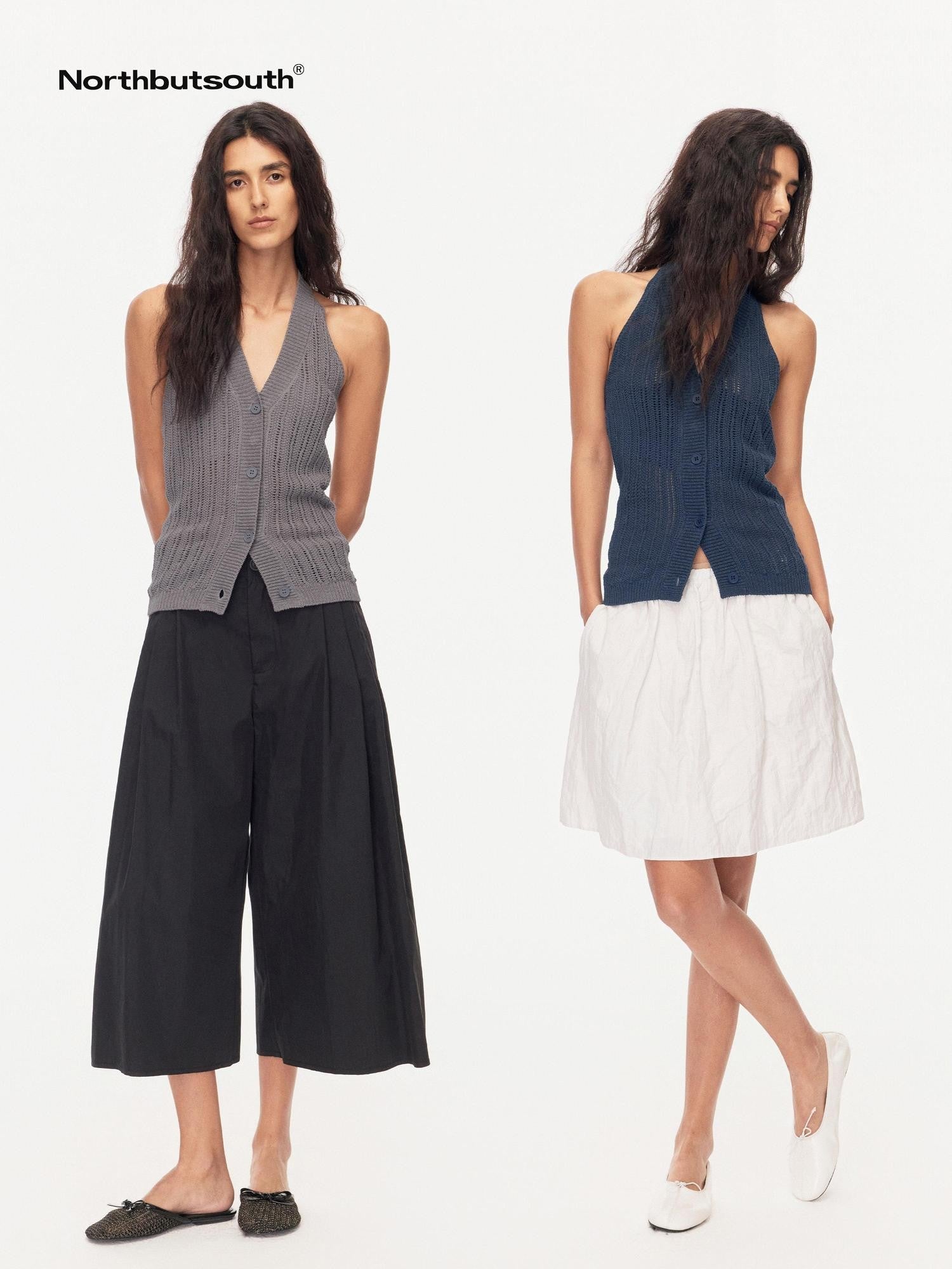 Northbutsouth Tricolor Cutout V-neck Buttoned Knitted Women&