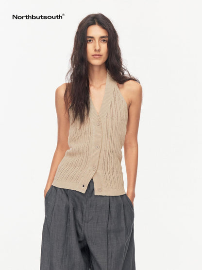Northbutsouth Tricolor Cutout V-neck Buttoned Knitted Women&