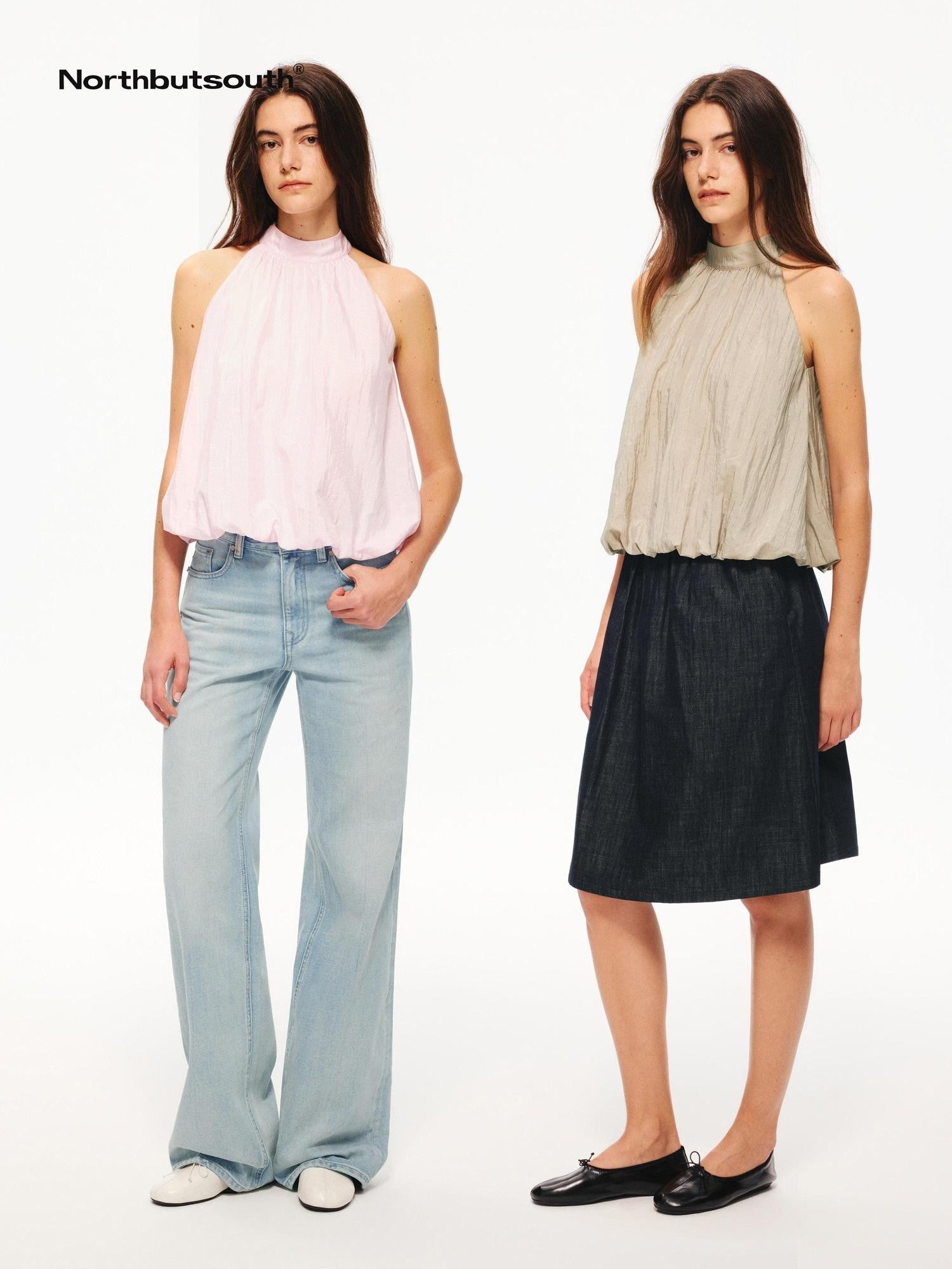 Northbutsouth Tricolor Textured Puff Tie Neck Women&
