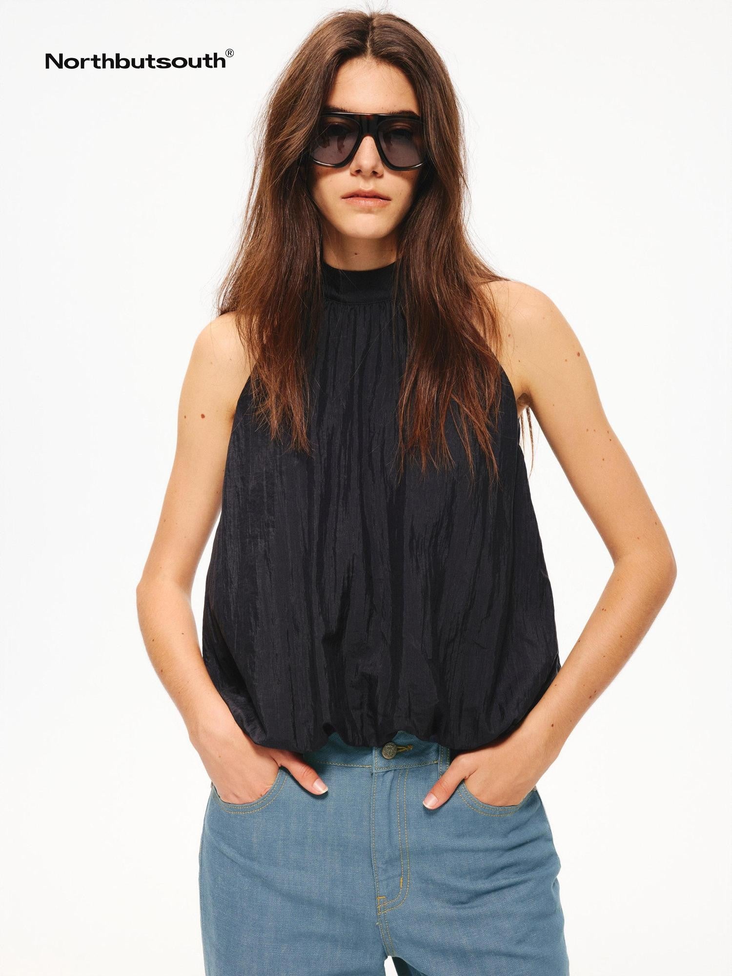 Northbutsouth Tricolor Textured Puff Tie Neck Women&