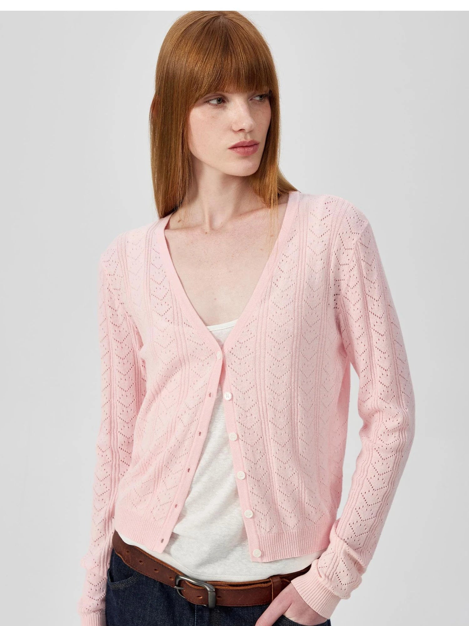 V-Neck Crochet Mesh Slim Fit Cotton Blend Cardigan