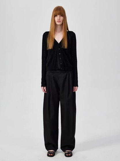 V-Neck Crochet Mesh Slim Fit Cotton Blend Cardigan