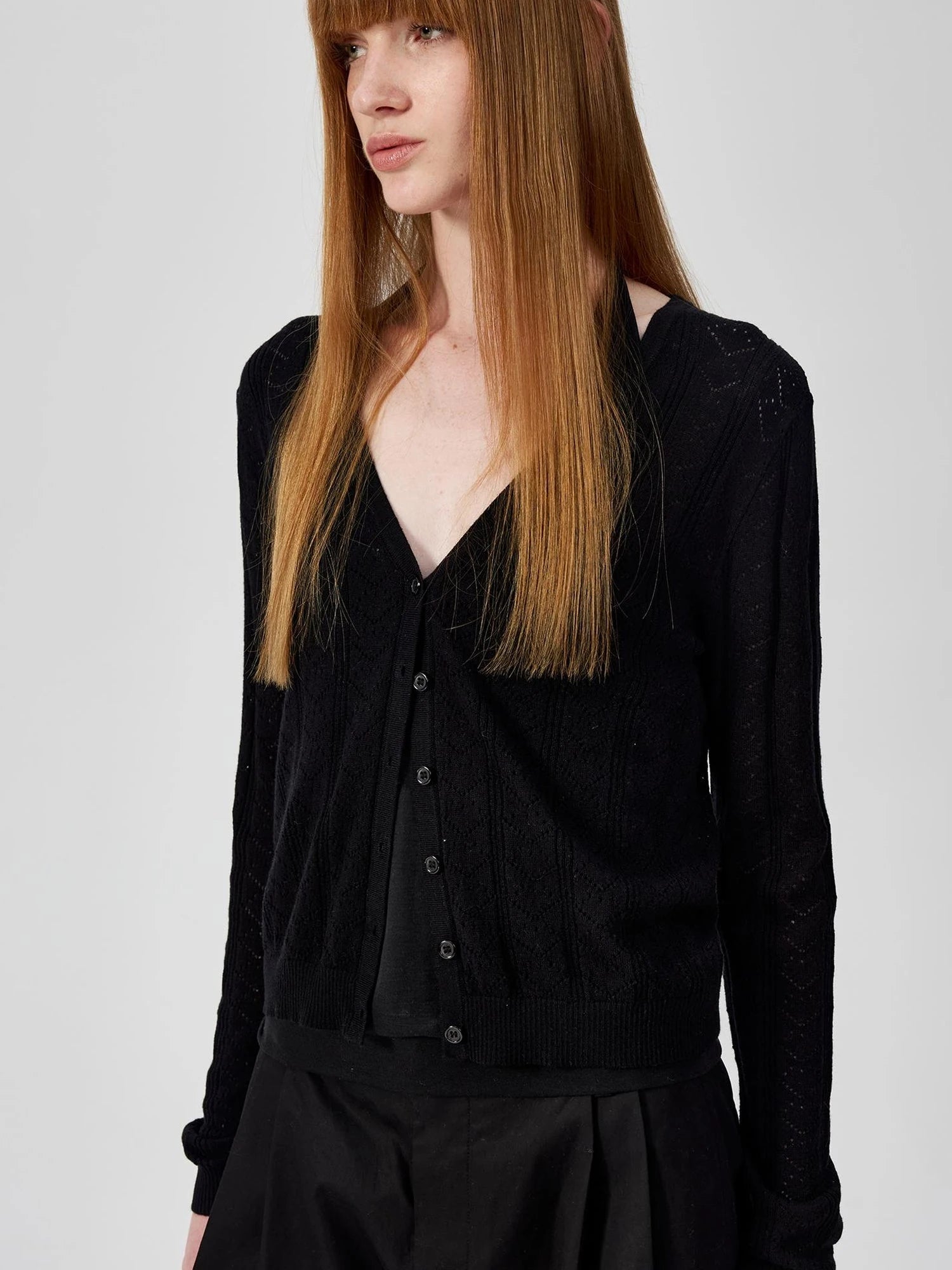 V-Neck Crochet Mesh Slim Fit Cotton Blend Cardigan