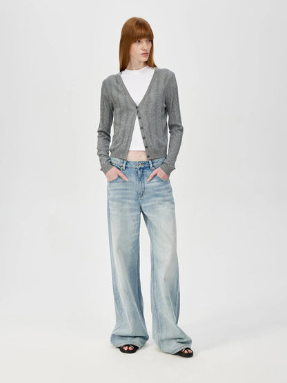 V-Neck Crochet Mesh Slim Fit Cotton Blend Cardigan