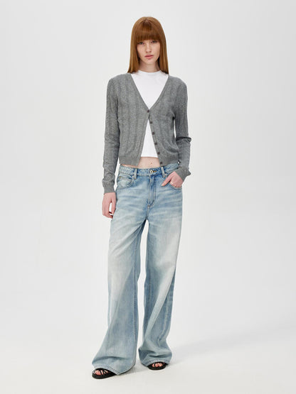 Northbutsouth V-Neck Crochet Mesh Slim Fit Cotton Blend Cardigan