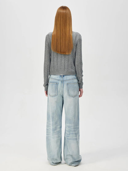 V-Neck Crochet Mesh Slim Fit Cotton Blend Cardigan