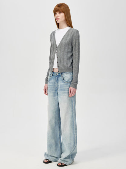 Northbutsouth V-Neck Crochet Mesh Slim Fit Cotton Blend Cardigan
