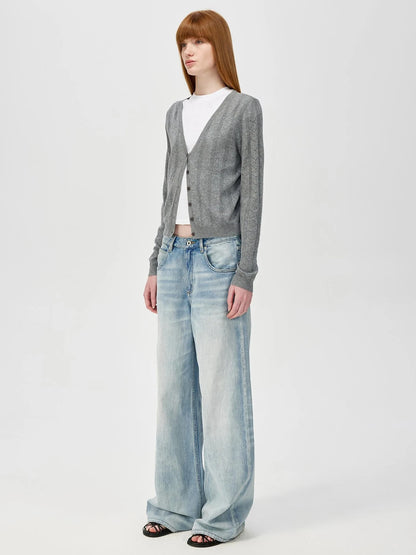 V-Neck Crochet Mesh Slim Fit Cotton Blend Cardigan