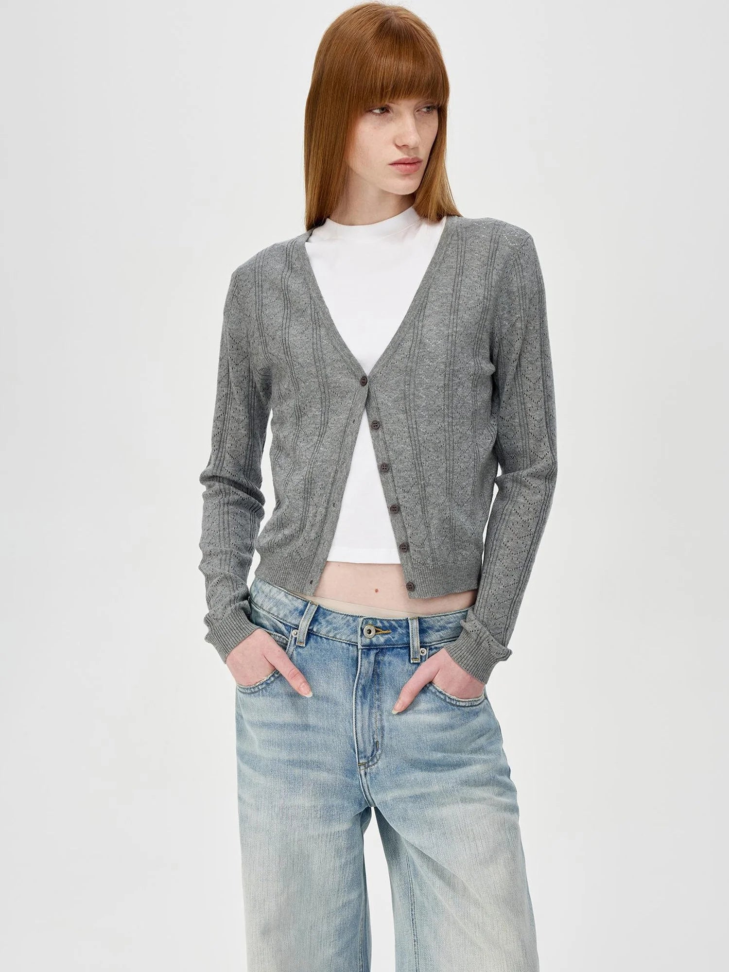 V-Neck Crochet Mesh Slim Fit Cotton Blend Cardigan