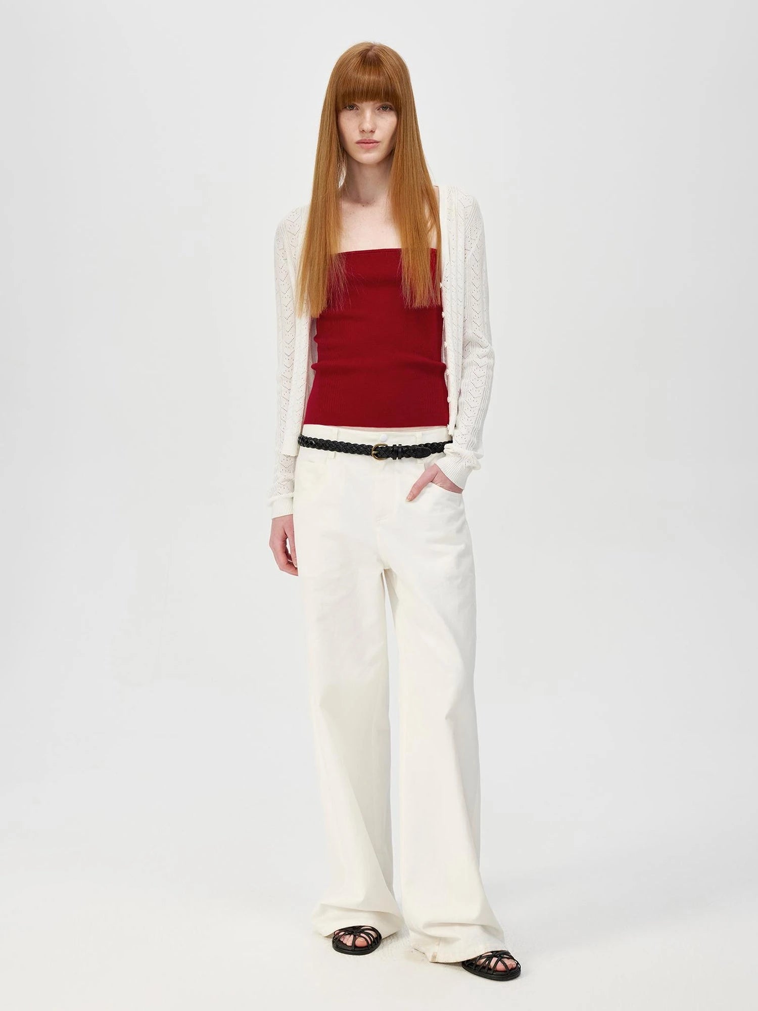 V-Neck Crochet Mesh Slim Fit Cotton Blend Cardigan