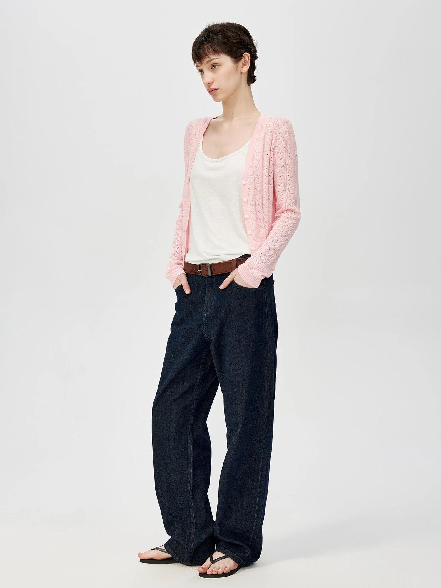 V-Neck Crochet Mesh Slim Fit Cotton Blend Cardigan