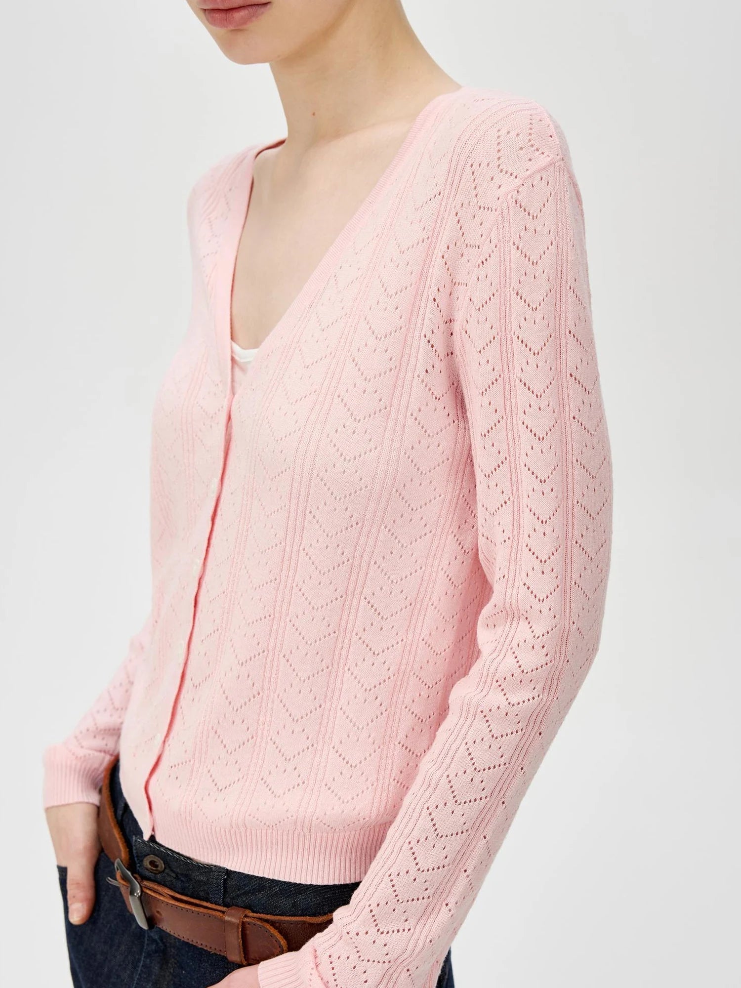 V-Neck Crochet Mesh Slim Fit Cotton Blend Cardigan