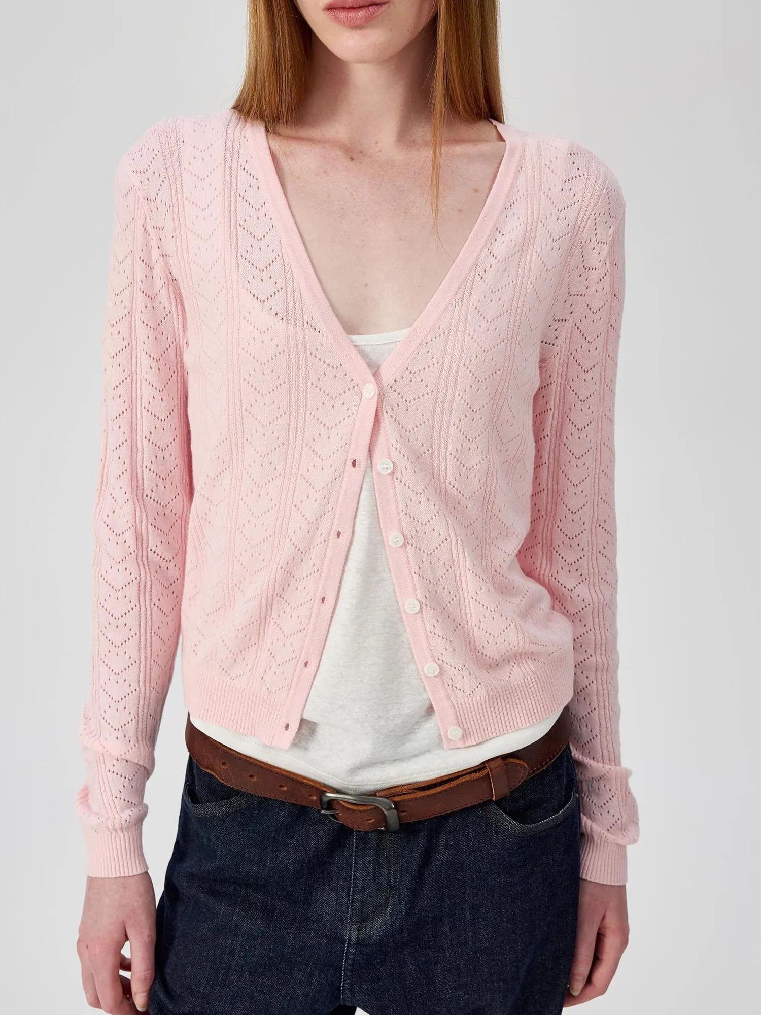 V-Neck Crochet Mesh Slim Fit Cotton Blend Cardigan