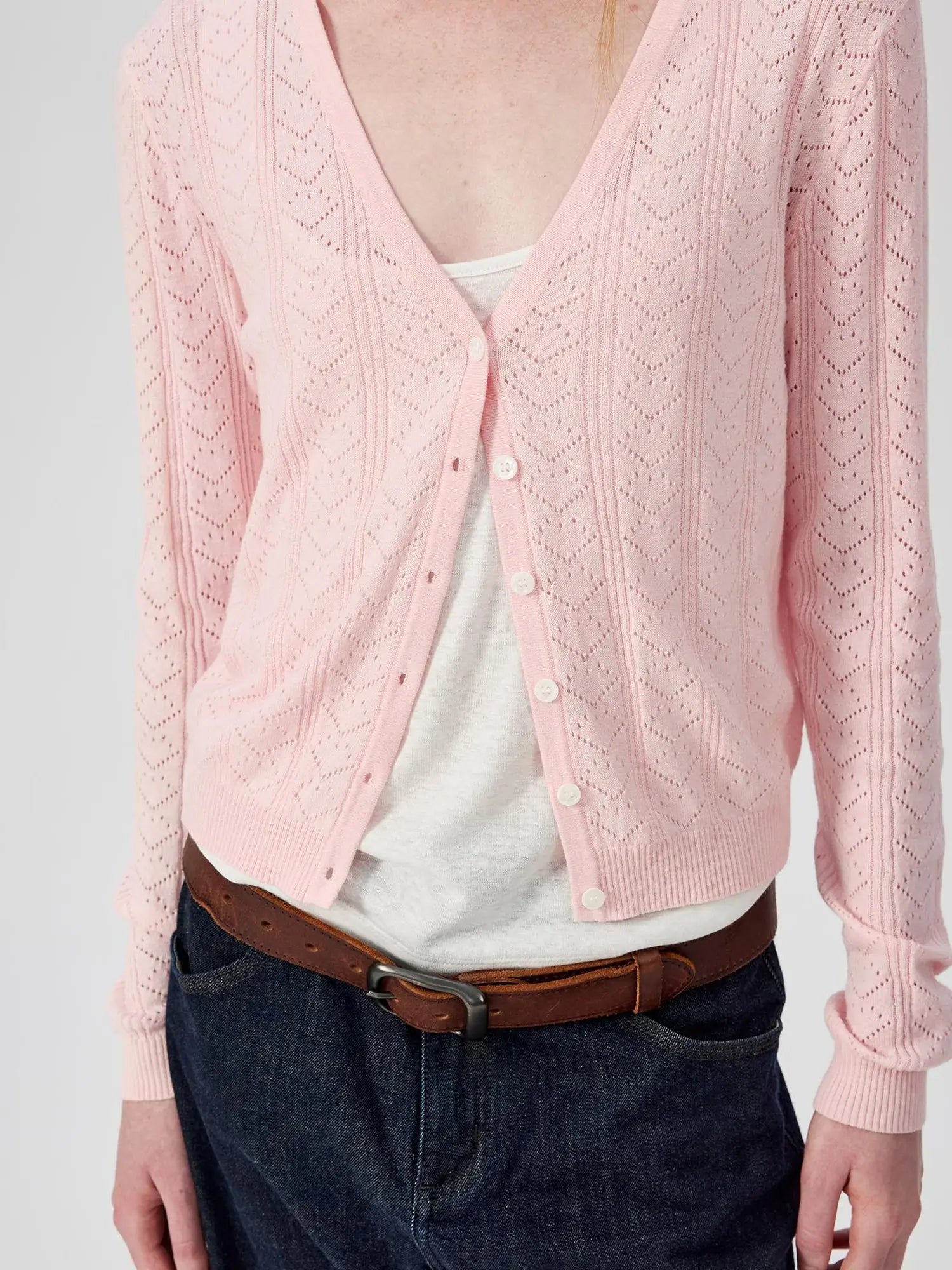 V-Neck Crochet Mesh Slim Fit Cotton Blend Cardigan
