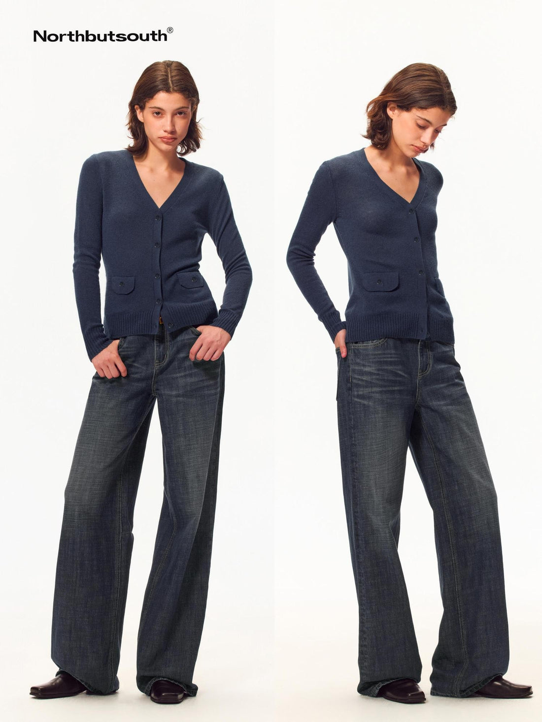 Northbutsouth V-neck Shell Button Pocket Slim Fit Wool Cashmere Women&