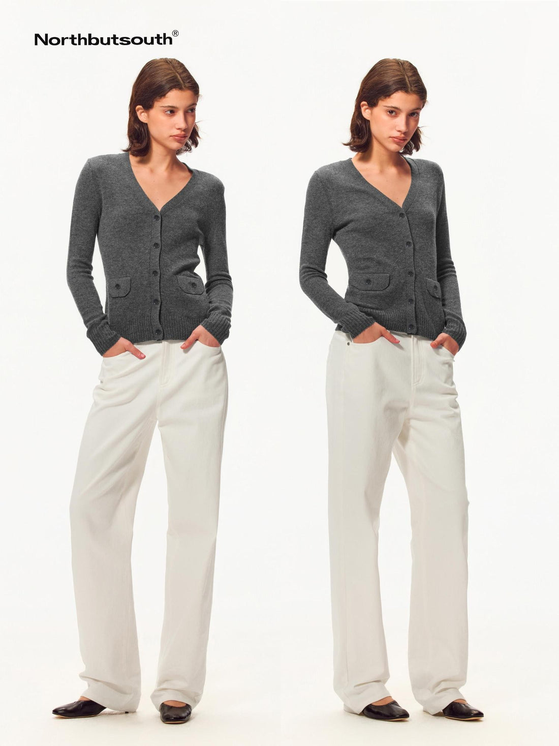 Northbutsouth V-neck Shell Button Pocket Slim Fit Wool Cashmere Women&