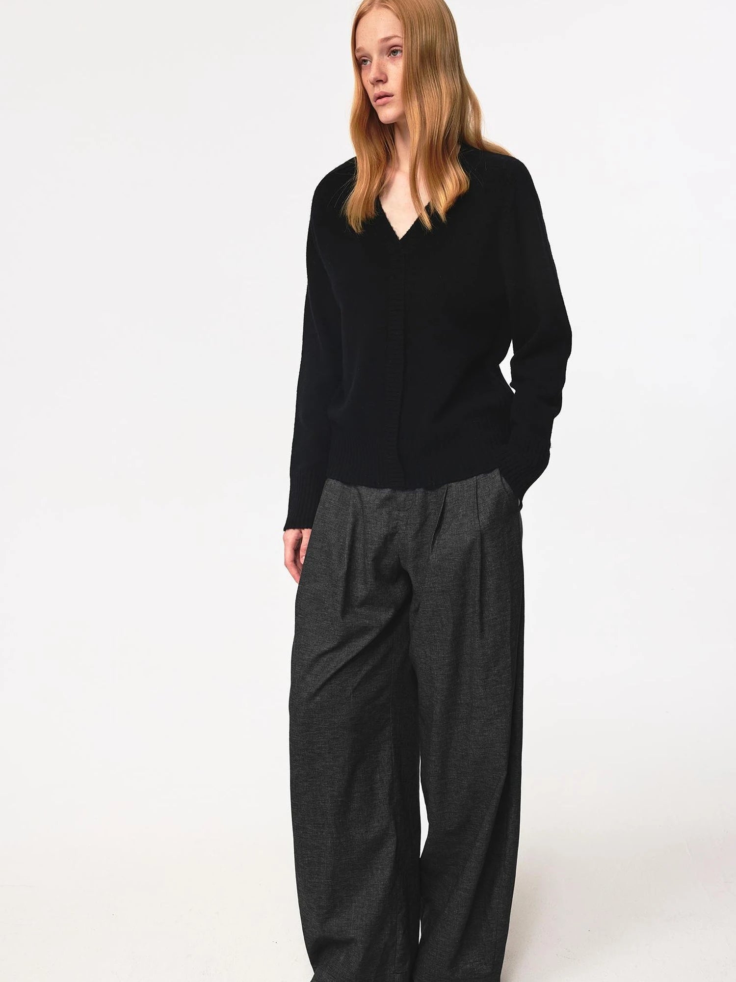 V Neck Straight Cut Merino Wool Sweater With Placket