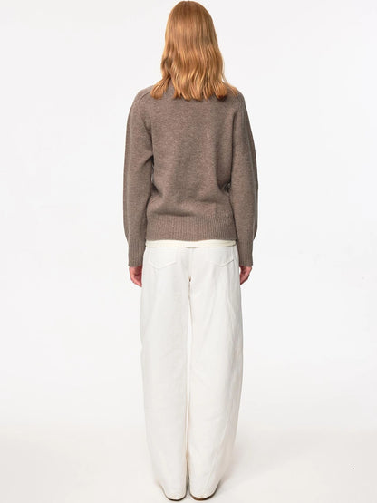 V Neck Straight Cut Merino Wool Sweater With Placket