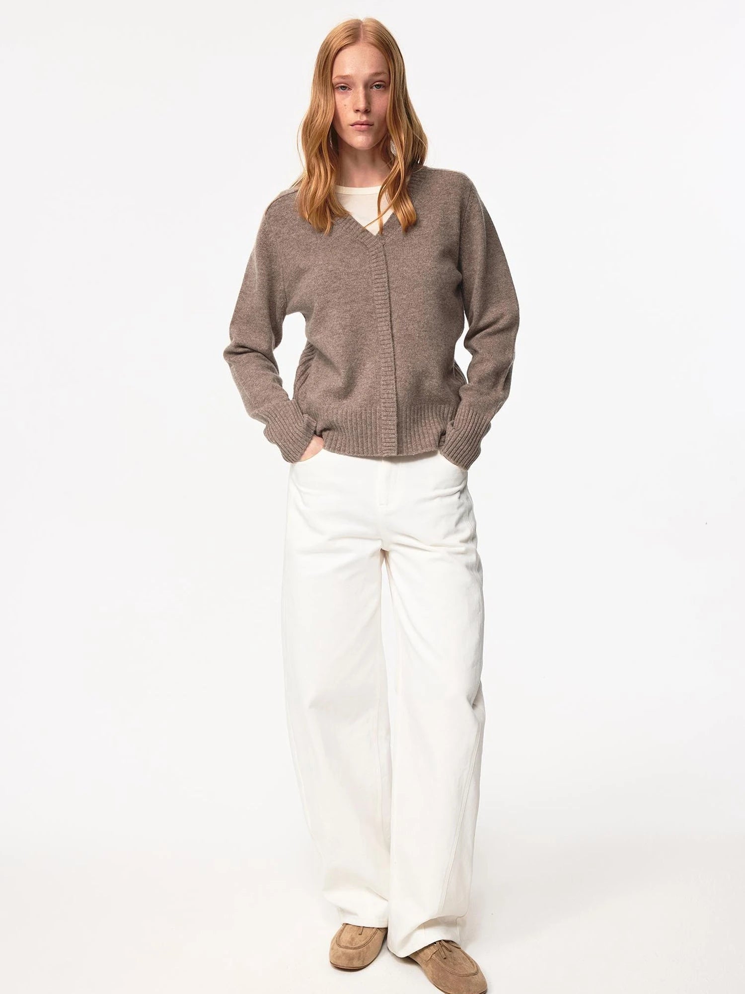V Neck Straight Cut Merino Wool Sweater With Placket
