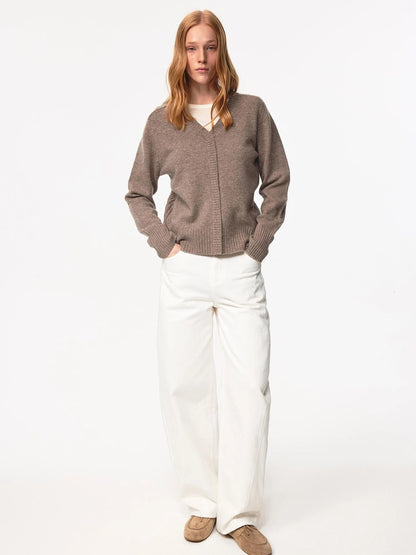 V Neck Straight Cut Merino Wool Sweater With Placket