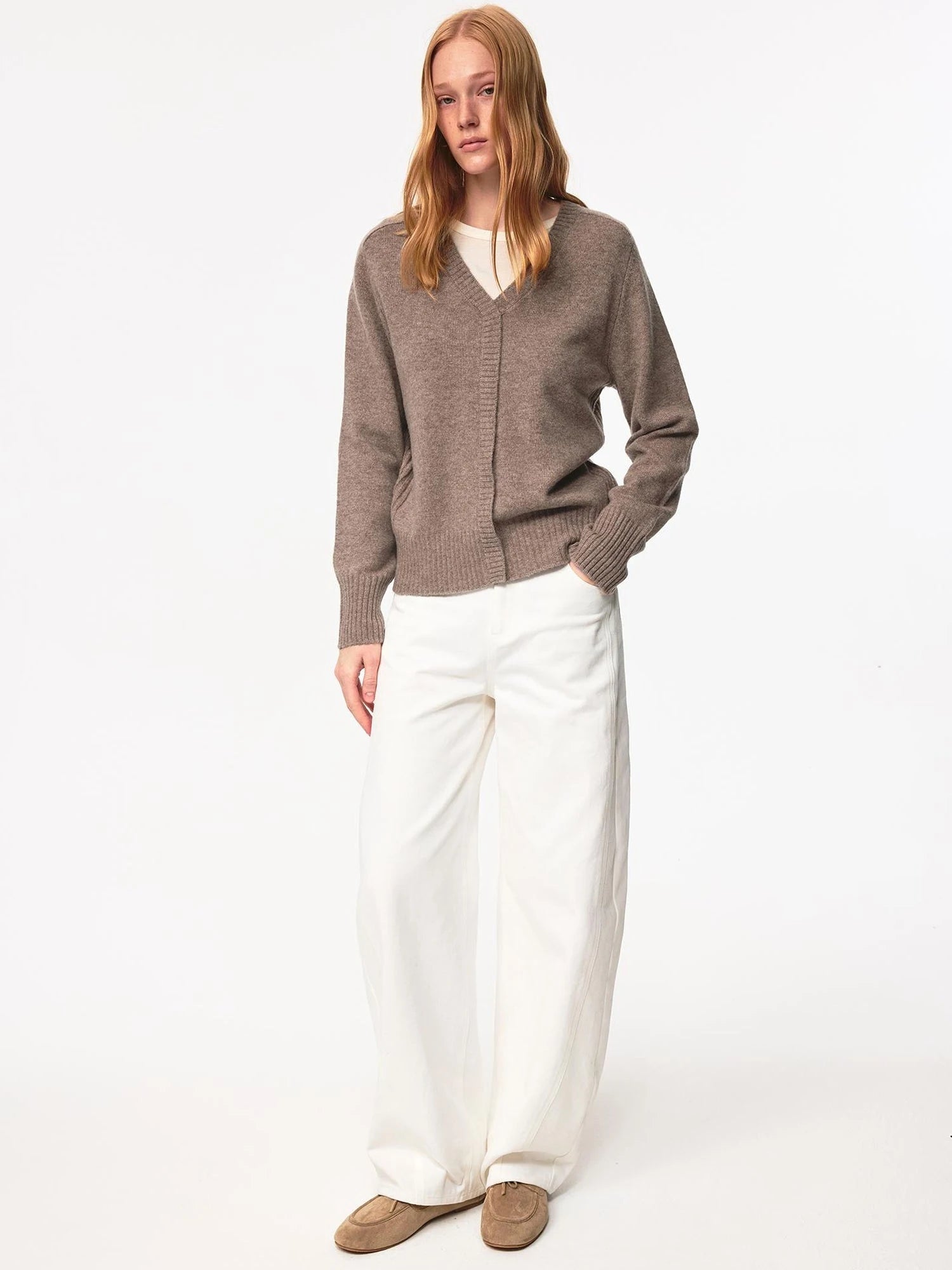 V Neck Straight Cut Merino Wool Sweater With Placket
