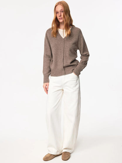 V Neck Straight Cut Merino Wool Sweater With Placket