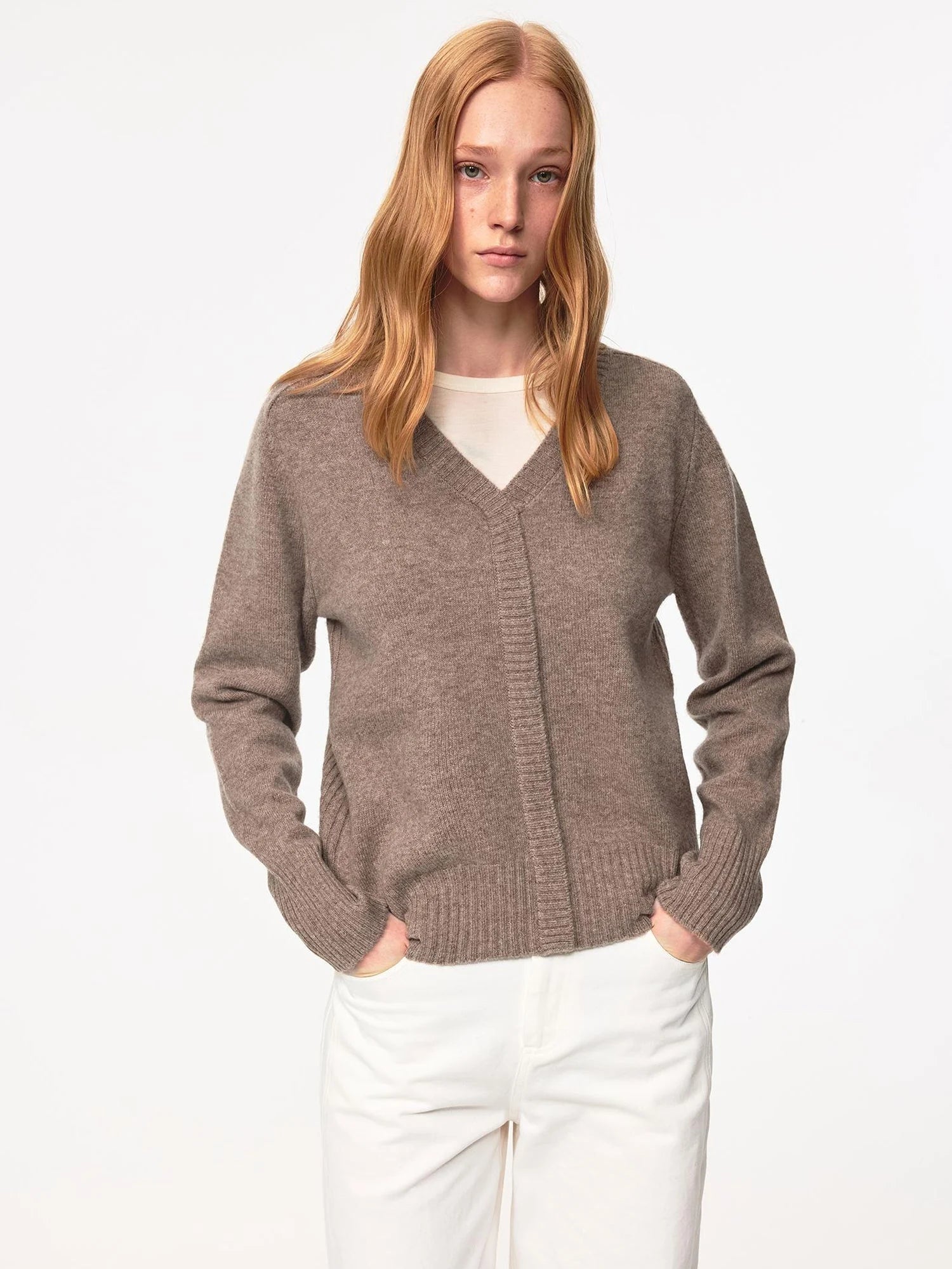 V Neck Straight Cut Merino Wool Sweater With Placket