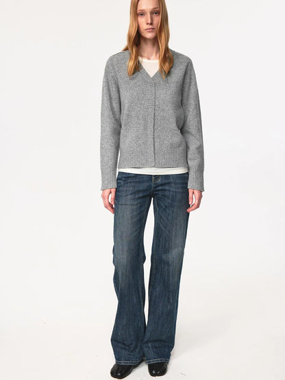 V Neck Straight Cut Merino Wool Sweater With Placket