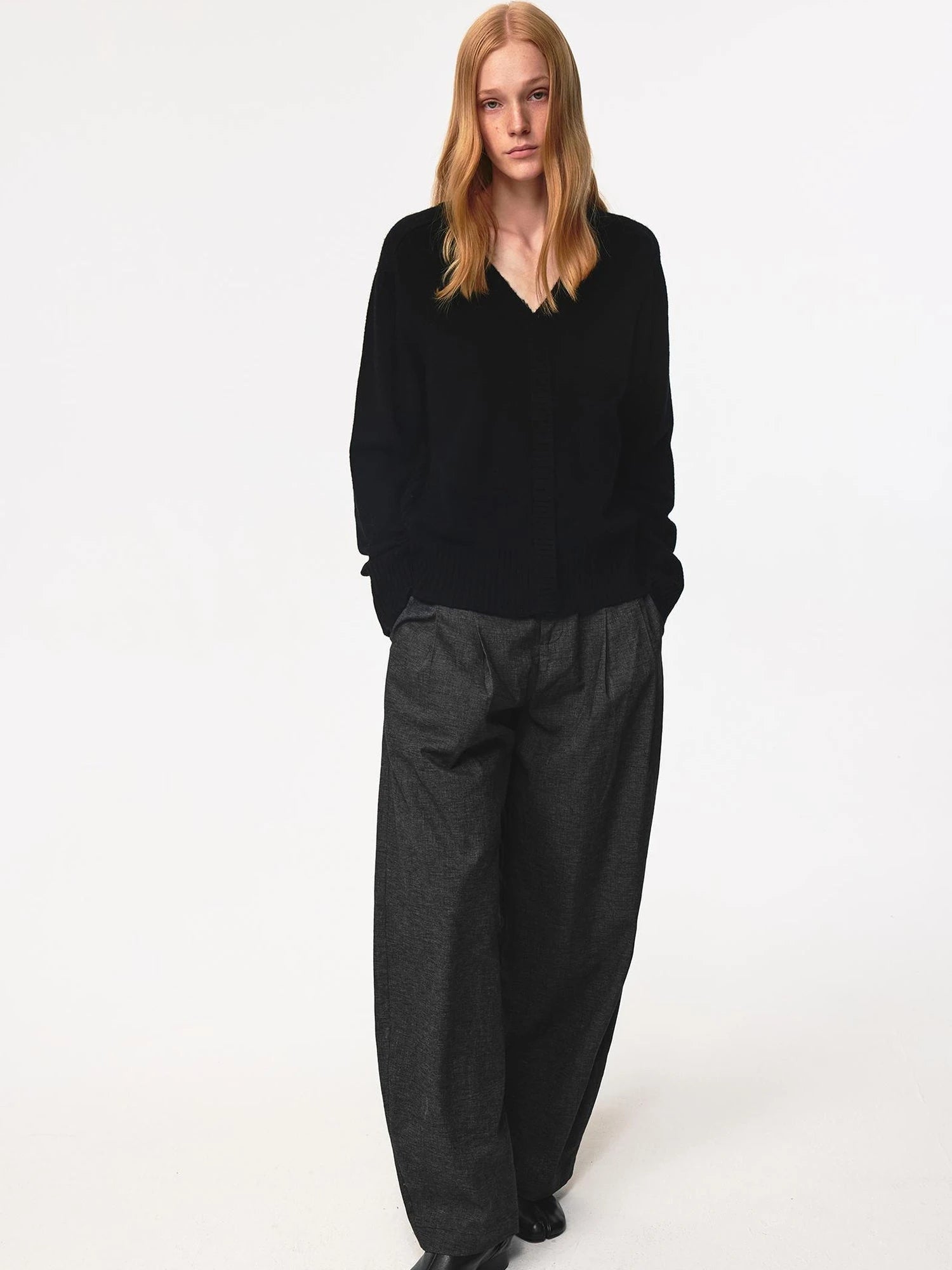 V Neck Straight Cut Merino Wool Sweater With Placket