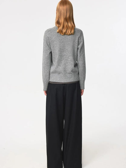 V Neck Straight Cut Merino Wool Sweater With Placket