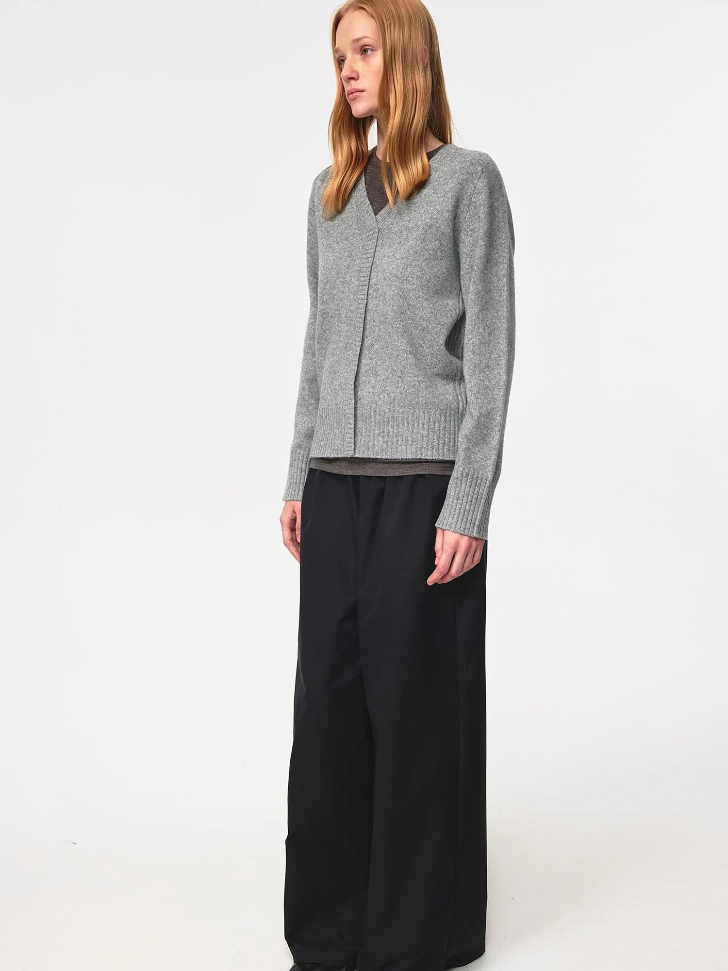 V Neck Straight Cut Merino Wool Sweater With Placket