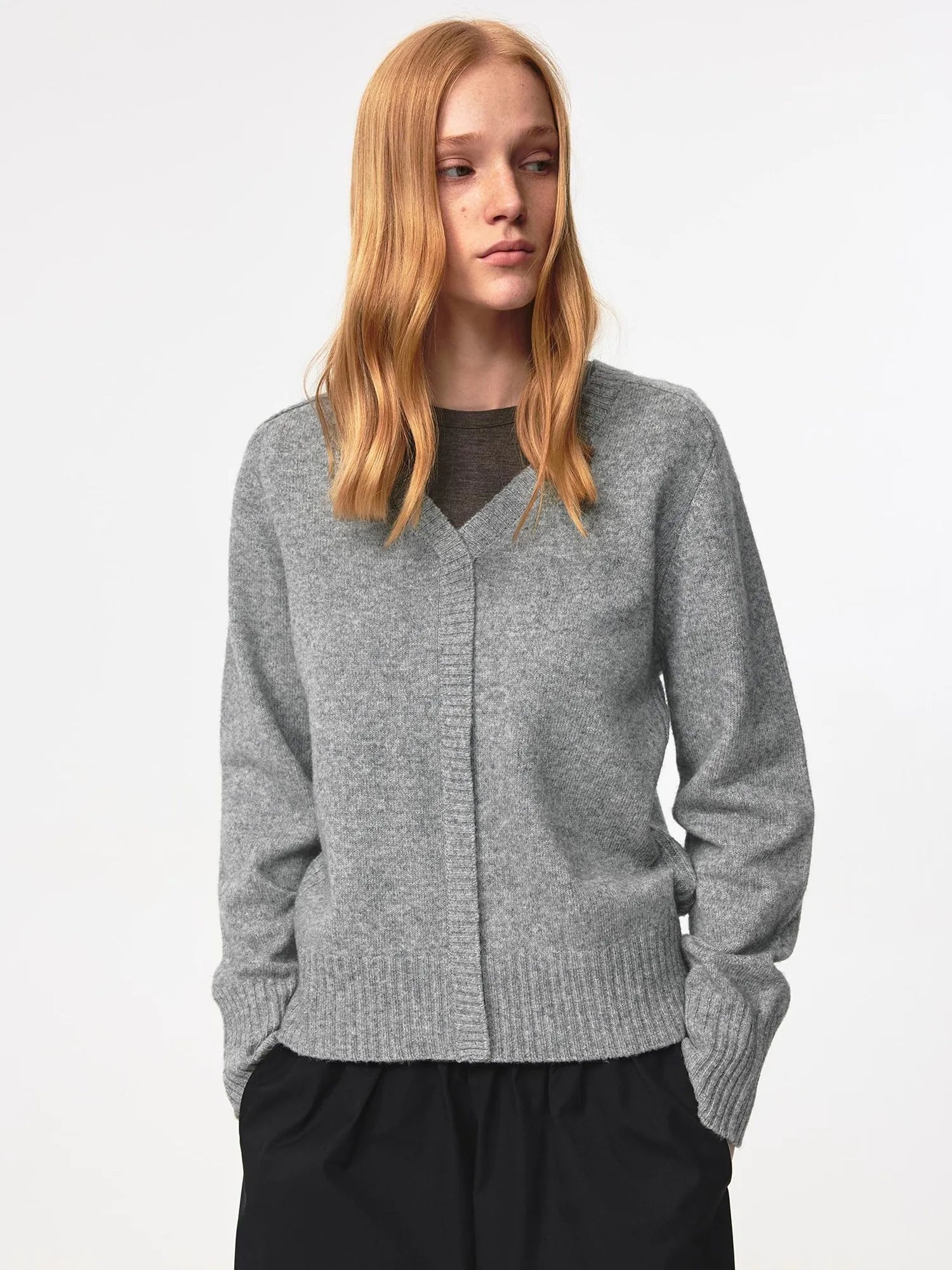 V Neck Straight Cut Merino Wool Sweater With Placket