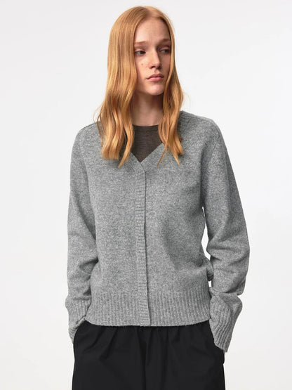 V Neck Straight Cut Merino Wool Sweater With Placket