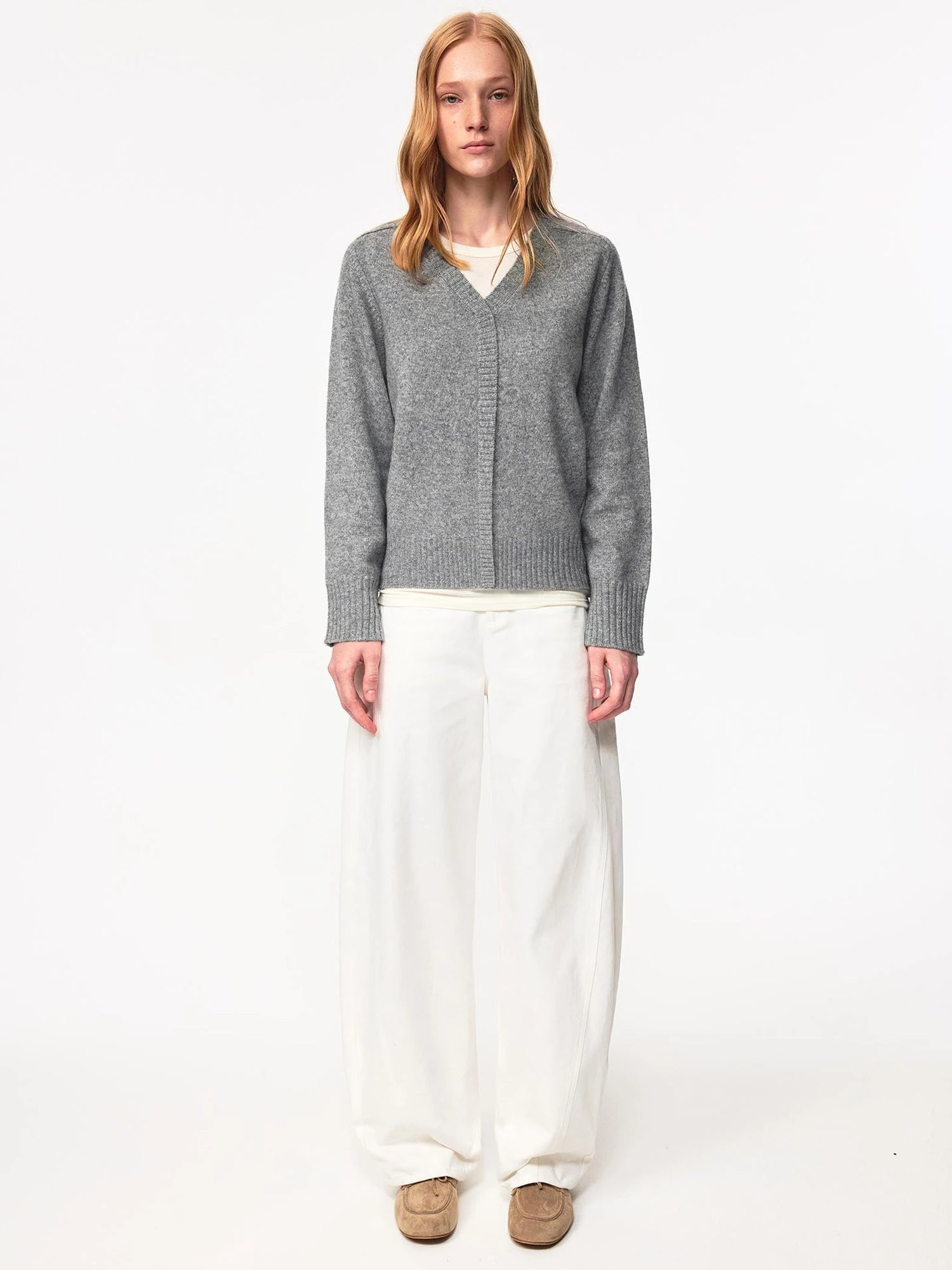 V Neck Straight Cut Merino Wool Sweater With Placket