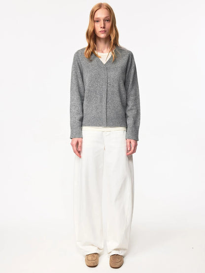 V Neck Straight Cut Merino Wool Sweater With Placket