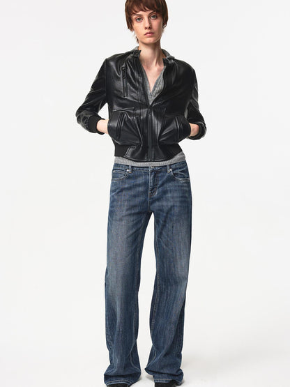 Northbutsouth Vintage Black Cropped PU Leather Jacket With Waist Detail