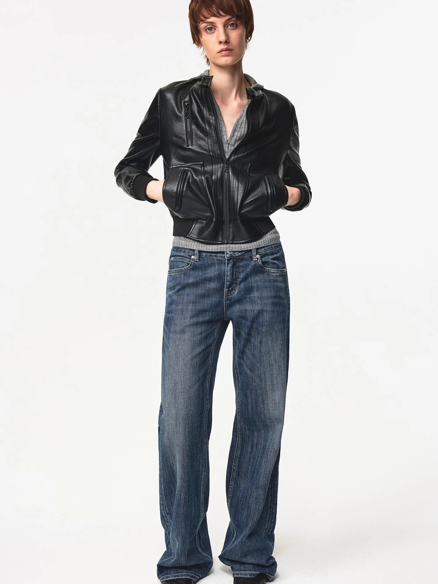 Vintage Black Cropped PU Leather Jacket With Waist Detail