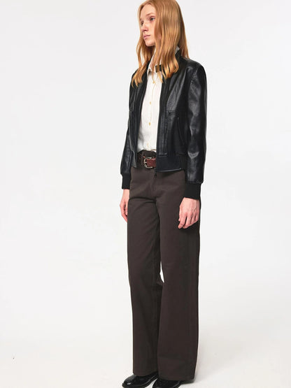 Vintage Black Cropped PU Leather Jacket With Waist Detail