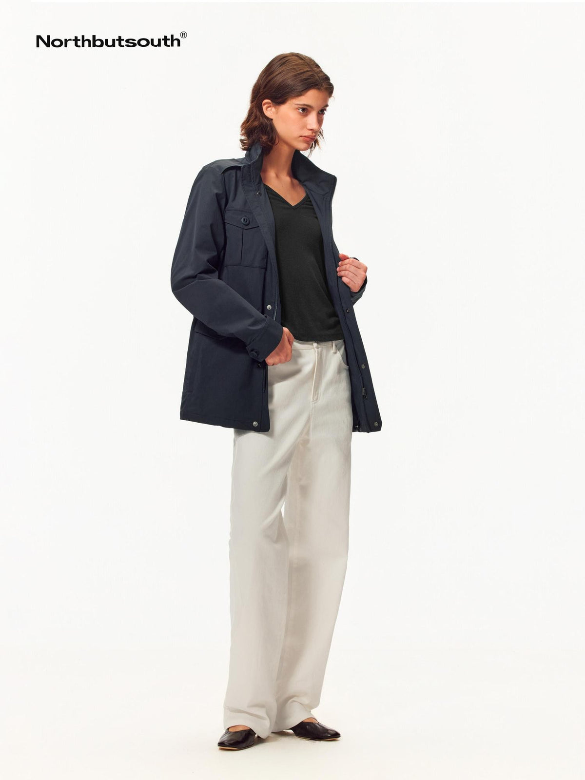 Northbutsouth Vintage Stand Collar Straight Fit Nylon Cotton Women&